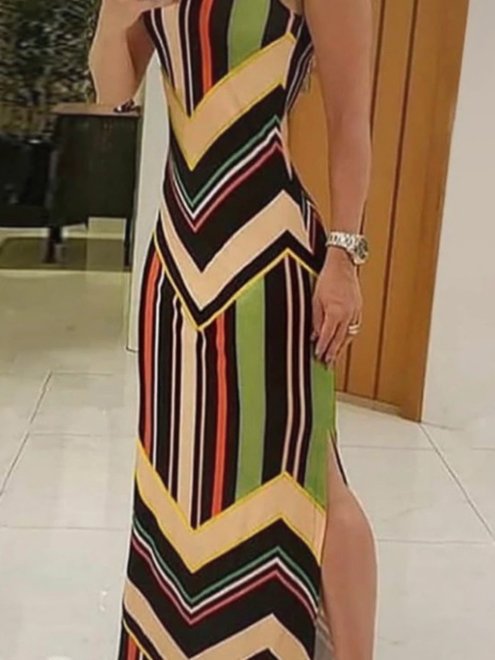 Striped V-Neck Maxi Dress in Black, Green & Beige